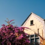 Professional home appraiser in business attire stands outside a modern home with a new roof, holding a clipboard and caref...